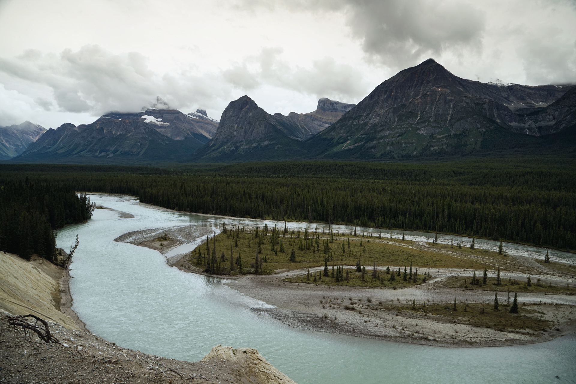 Icefields Parkway - Athabasca River,  Mt. Christie, and Mt. Brussels